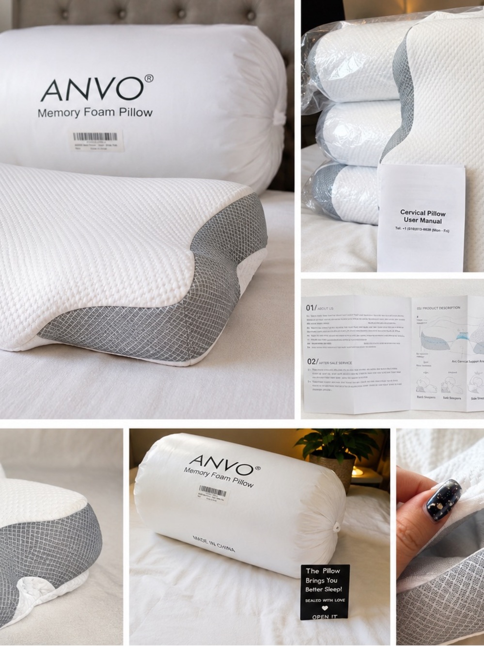 ANVO Memory Foam Cervical Neck Pillow Ergonomic Orthopedic Firm White New